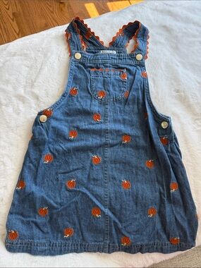 Max Studio Blue Denim Jumper Dress with Orange Pumpkin Embroidery